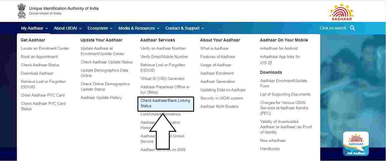 Click On "Check Aadhaar/Bank Linking Status" - Aadhar Card: How To Check Aadhaar Linked To Bank Account | Step4