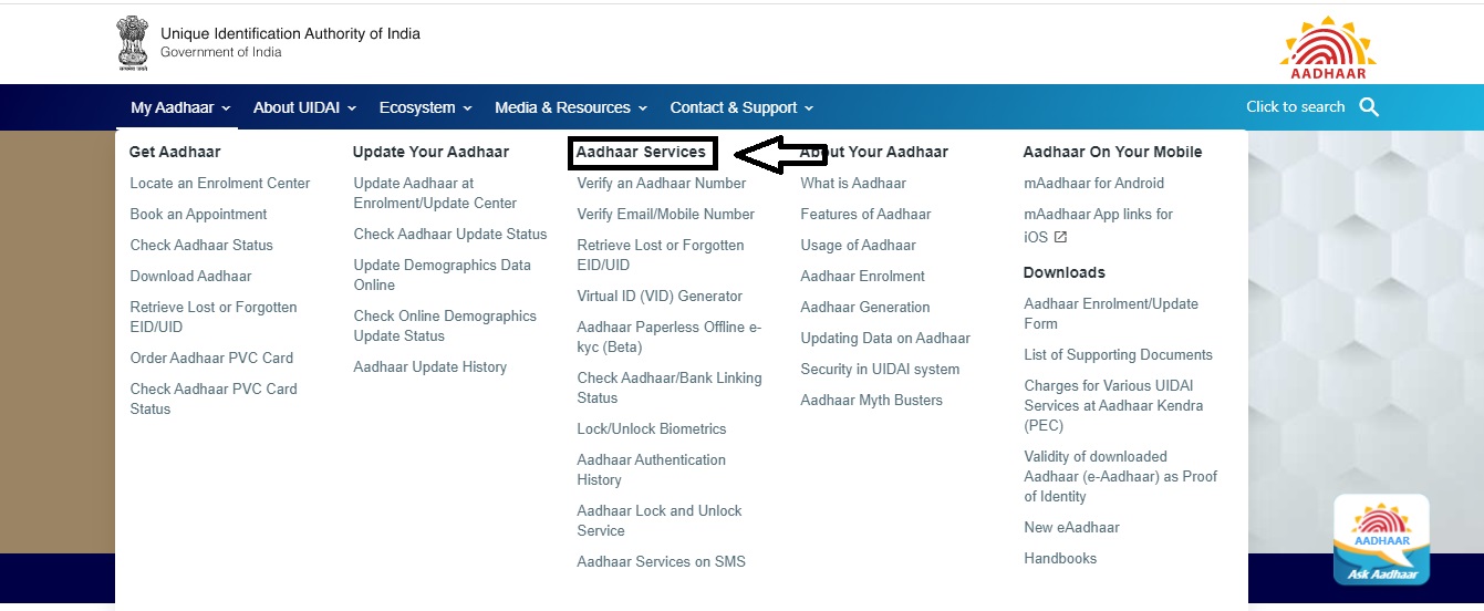 Go To The Option Aadhaar Services   - Aadhar Card: How To Find Aadhar Number With Mobile Number | Step4