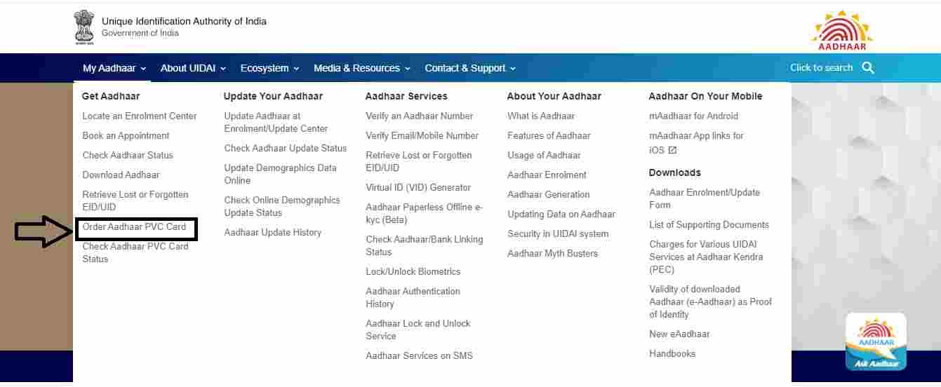  Click On "Order Aadhar PVC Card" -  | Step4